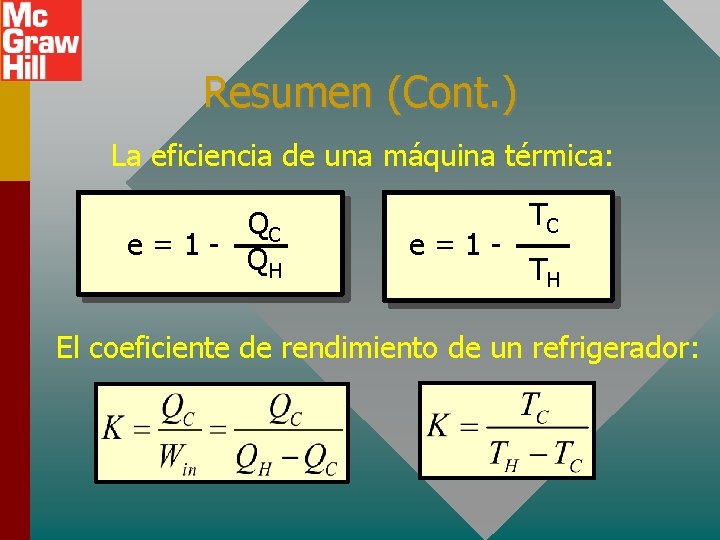 Resumen (Cont. ) La eficiencia de una máquina térmica: QC e=1 - Q H