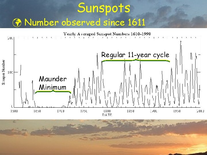 Sunspots ü Number observed since 1611 Regular 11 -year cycle Maunder Minimum 