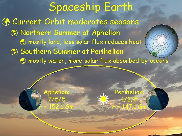 Spaceship Earth ü Current Orbit moderates seasons þ Northern Summer at Aphelion ý mostly