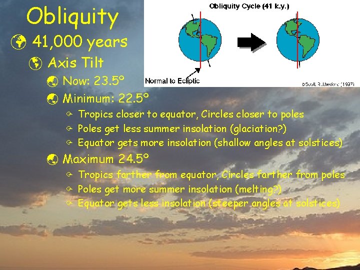 Obliquity ü 41, 000 years þ Axis Tilt ý Now: 23. 5º ý Minimum: