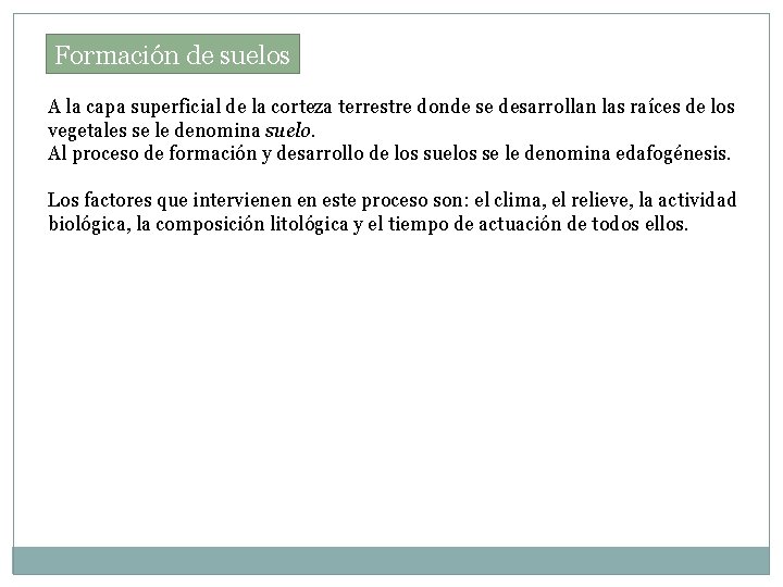 Formación de suelos A la capa superficial de la corteza terrestre donde se desarrollan