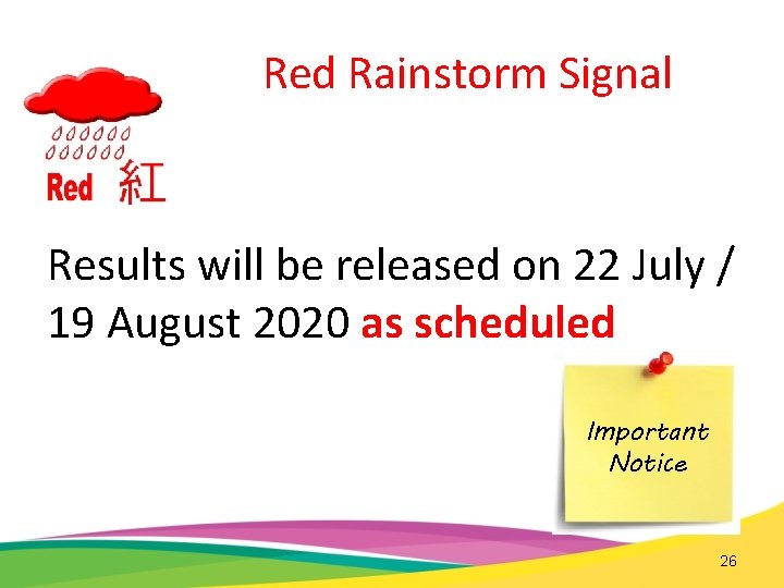 Red Rainstorm Signal Results will be released on 22 July / 19 August 2020