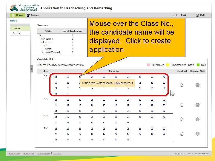 Rechecking & Remarking Application Mouse over the Class No. , - Create Application the