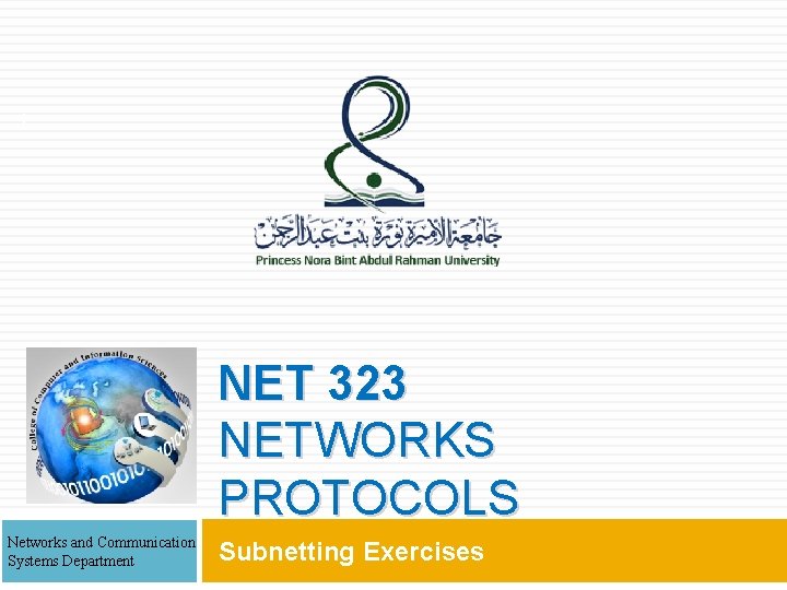 1 NET 323 NETWORKS PROTOCOLS Networks and Communication Systems Department Subnetting Exercises 