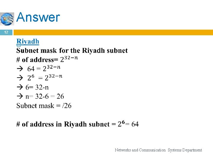 Answer 12 Networks and Communication Systems Department 