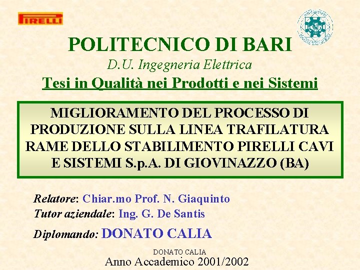 POLITECNICO DI BARI D. U. Ingegneria Elettrica Tesi in Qualità nei Prodotti e nei