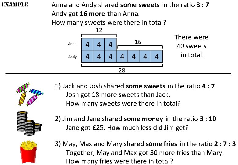 example Anna and Andy shared some sweets in the ratio 3 : 7 Andy