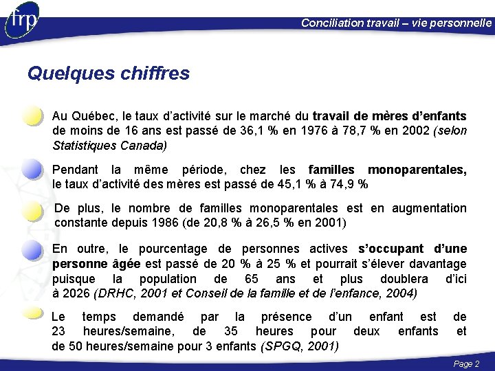 Conciliation travail – vie personnelle Quelques chiffres Au Québec, le taux d’activité sur le