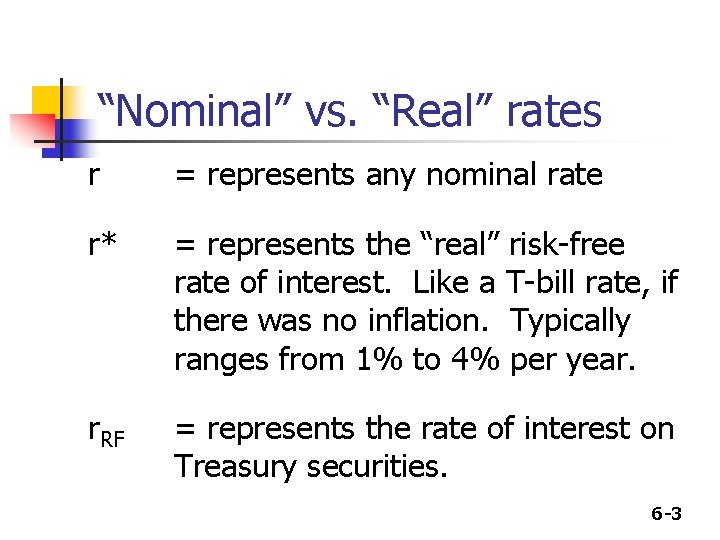 “Nominal” vs. “Real” rates r = represents any nominal rate r* = represents the