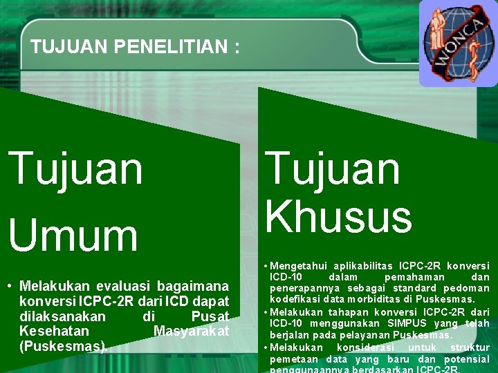 TUJUAN PENELITIAN : Tujuan Umum • Melakukan evaluasi bagaimana konversi ICPC-2 R dari ICD