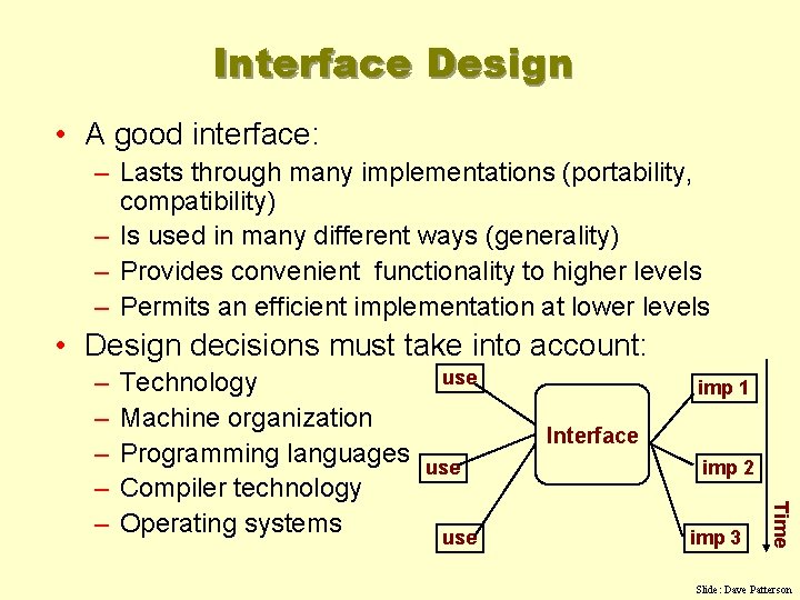 Interface Design • A good interface: – Lasts through many implementations (portability, compatibility) –