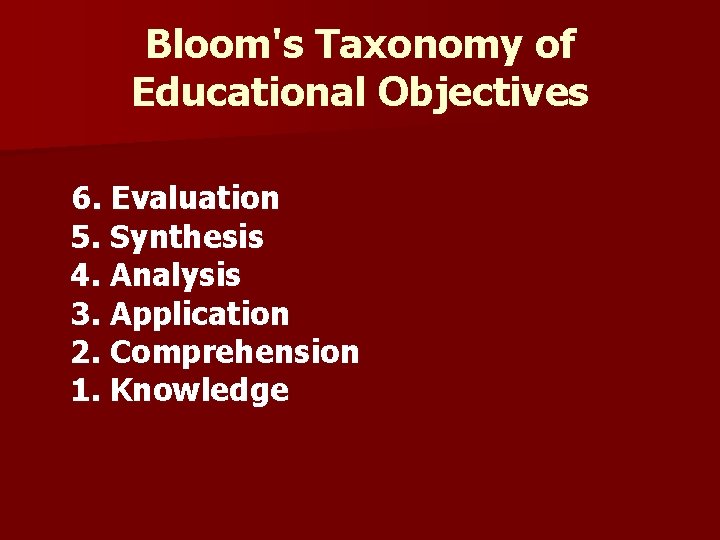 Bloom's Taxonomy of Educational Objectives 6. Evaluation 5. Synthesis 4. Analysis 3. Application 2.