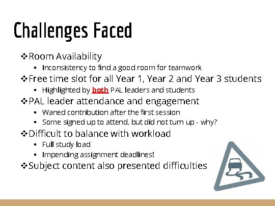 Challenges Faced v. Room Availability § Inconsistency to find a good room for teamwork