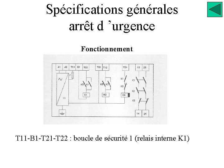 Spécifications générales arrêt d ’urgence Fonctionnement T 11 -B 1 -T 22 : boucle