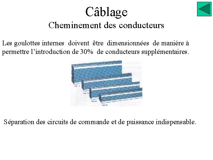 Câblage Cheminement des conducteurs Les goulottes internes doivent être dimensionnées de manière à permettre