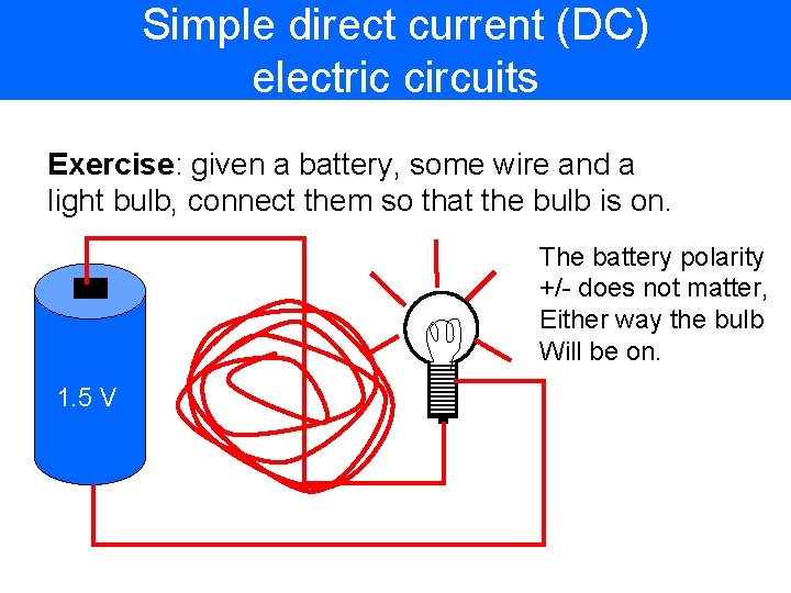 Simple direct current (DC) electric circuits Exercise: given a battery, some wire and a