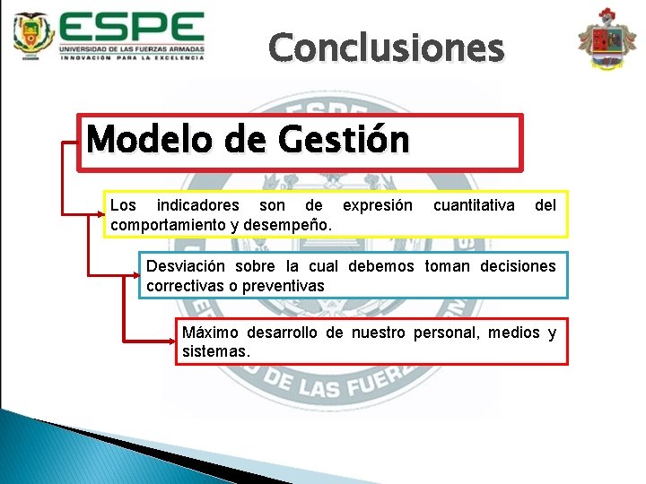 Conclusiones Modelo de Gestión Los indicadores son de expresión comportamiento y desempeño. cuantitativa del