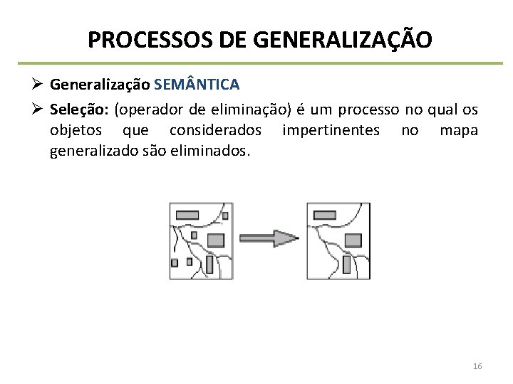 PROCESSOS DE GENERALIZAÇÃO Ø Generalização SEM NTICA Ø Seleção: (operador de eliminação) é um