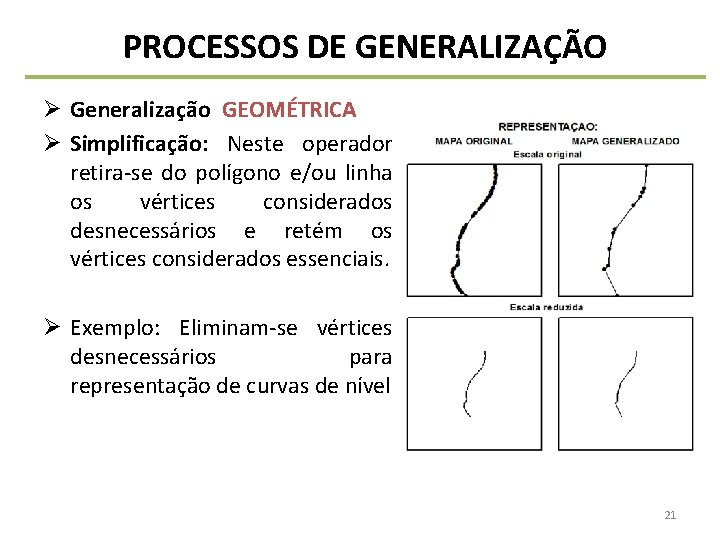 PROCESSOS DE GENERALIZAÇÃO Ø Generalização GEOMÉTRICA Ø Simplificação: Neste operador retira-se do polígono e/ou