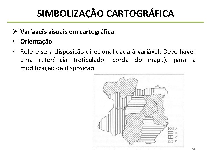 SIMBOLIZAÇÃO CARTOGRÁFICA Ø Variáveis visuais em cartográfica • Orientação • Refere-se à disposição direcional