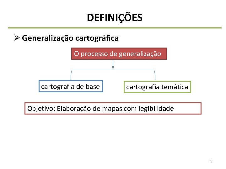 DEFINIÇÕES Ø Generalização cartográfica O processo de generalização cartografia de base cartografia temática Objetivo: