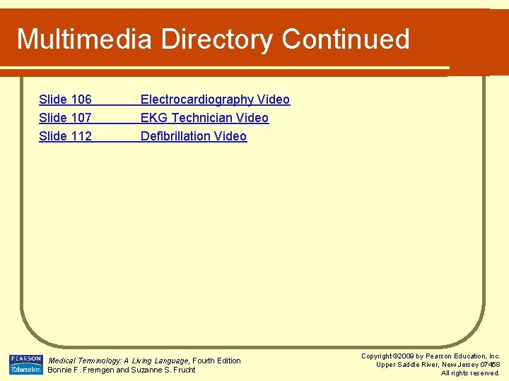 Multimedia Directory Continued Slide 106 Slide 107 Slide 112 Electrocardiography Video EKG Technician Video