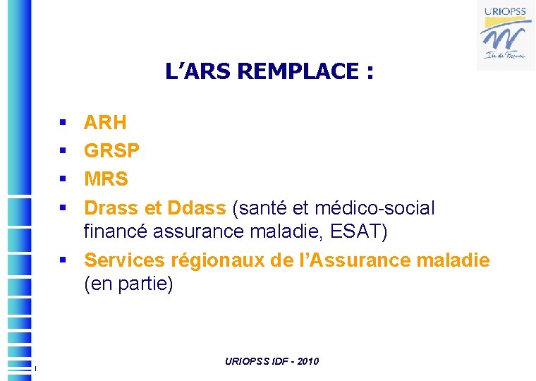 L’ARS REMPLACE : § § ARH GRSP MRS Drass et Ddass (santé et médico-social
