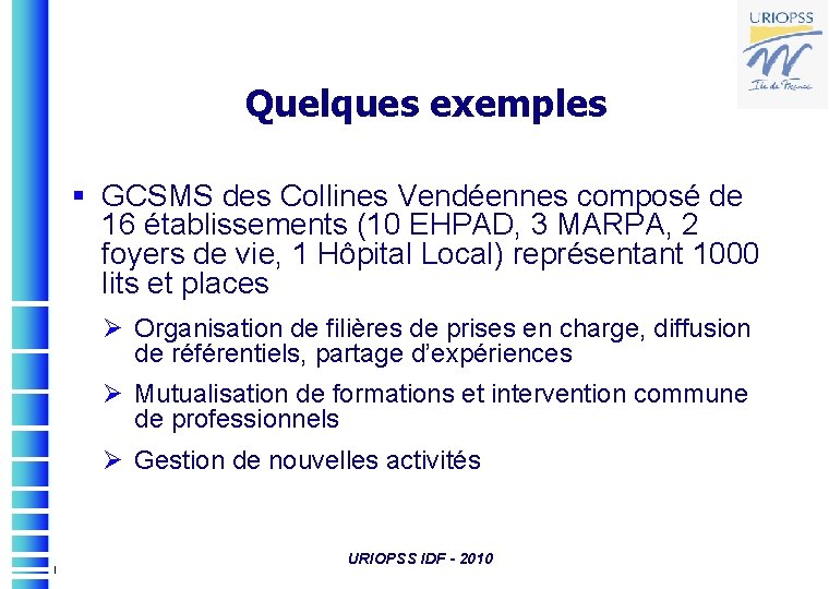 Quelques exemples § GCSMS des Collines Vendéennes composé de 16 établissements (10 EHPAD, 3