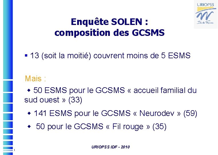 Enquête SOLEN : composition des GCSMS § 13 (soit la moitié) couvrent moins de