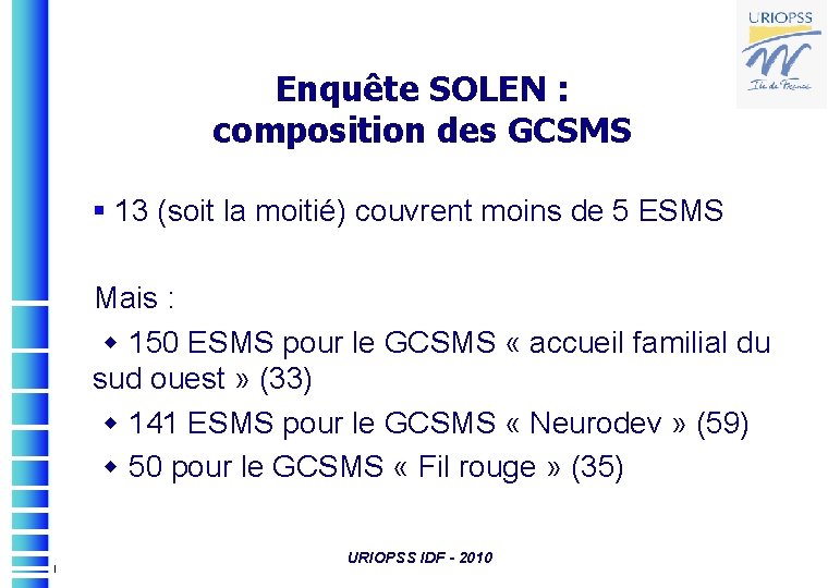 Enquête SOLEN : composition des GCSMS § 13 (soit la moitié) couvrent moins de