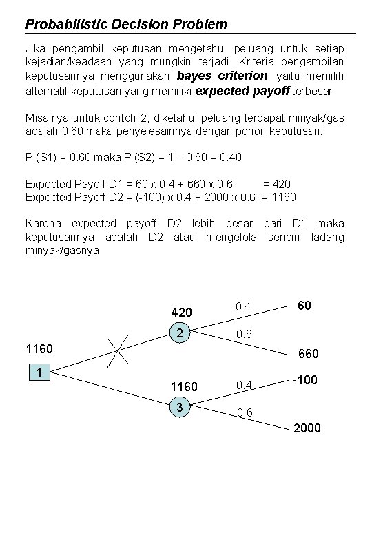 Probabilistic Decision Problem Jika pengambil keputusan mengetahui peluang untuk setiap kejadian/keadaan yang mungkin terjadi.