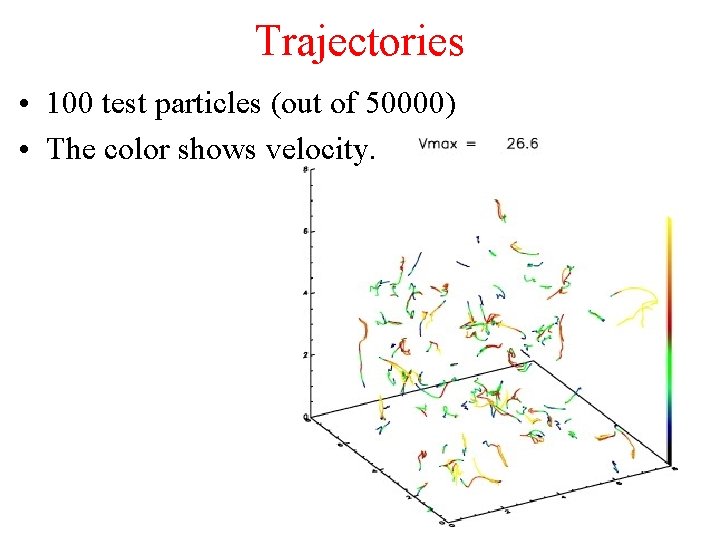 Trajectories • 100 test particles (out of 50000) • The color shows velocity. 