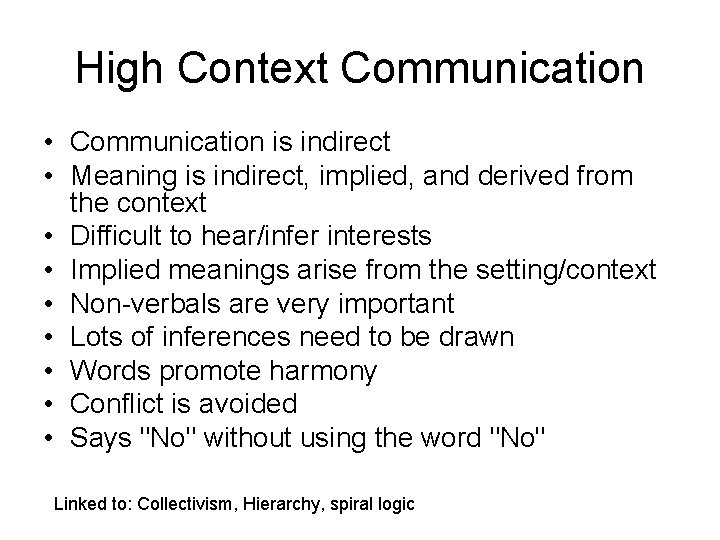 High Context Communication • Communication is indirect • Meaning is indirect, implied, and derived