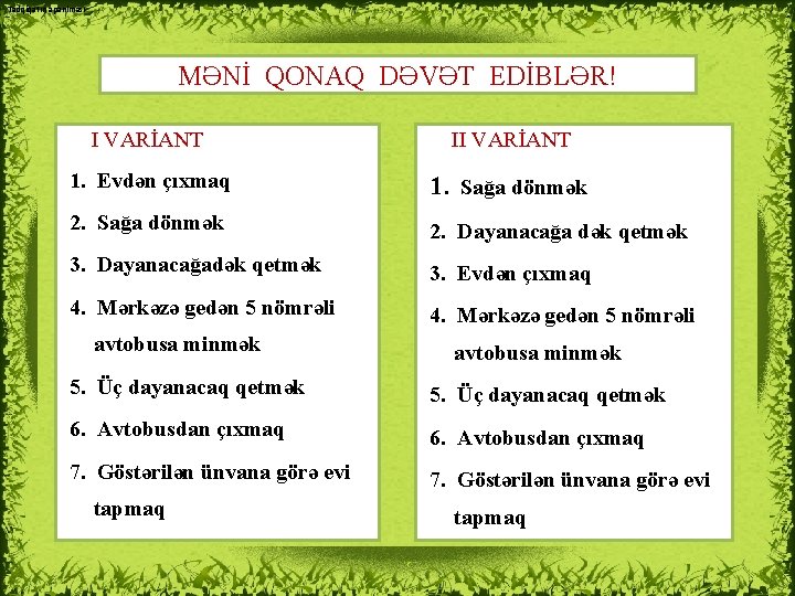 Tədqiqatın aparılması MƏNİ QONAQ DƏVƏT EDİBLƏR! I VARİANT II VARİANT 1. Evdən çıxmaq 1.