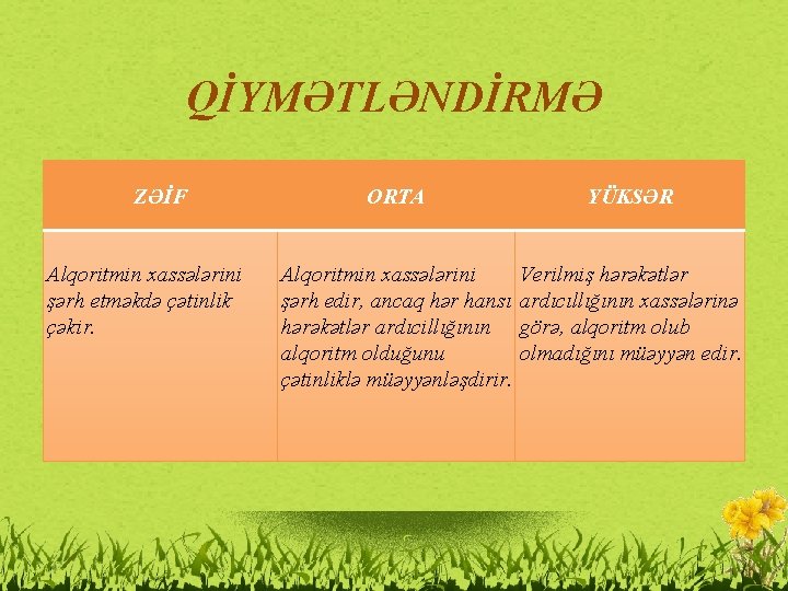 QİYMƏTLƏNDİRMƏ ZƏİF Alqoritmin xassələrini şərh etməkdə çətinlik çəkir. ORTA YÜKSƏR Alqoritmin xassələrini Verilmiş hərəkətlər