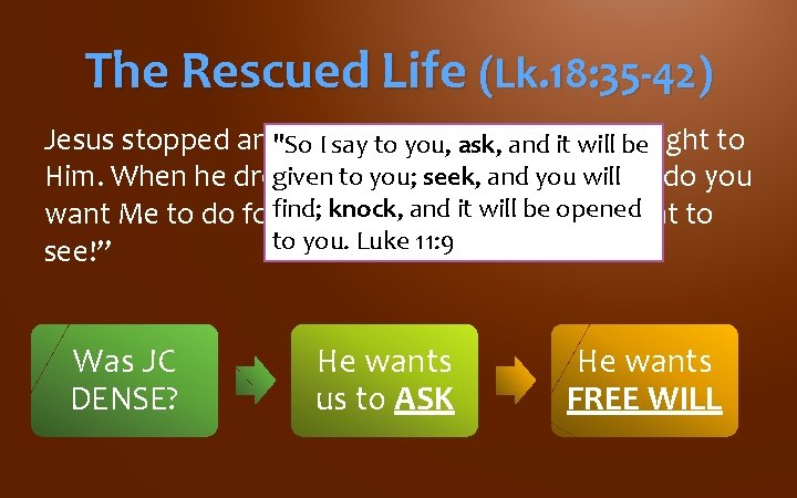 The Rescued Life (Lk. 18: 35 -42) Jesus stopped and"So commanded thatand heitbe to The Rescued Life (Lk. 18: 35 -42) Jesus stopped and"So commanded thatand heitbe to
