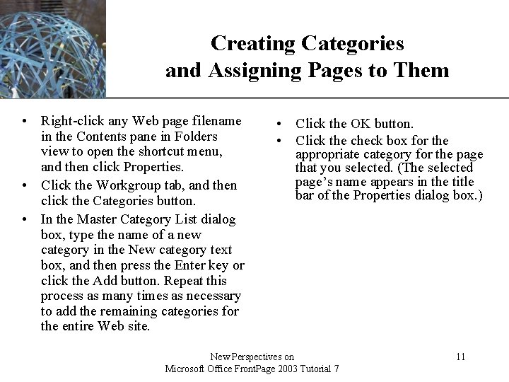 Creating Categories and Assigning Pages to Them • Right-click any Web page filename in