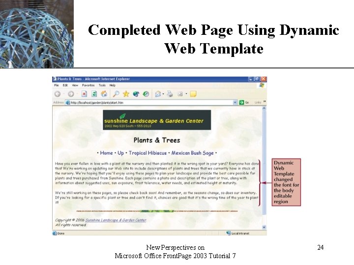 XP Completed Web Page Using Dynamic Web Template New Perspectives on Microsoft Office Front.