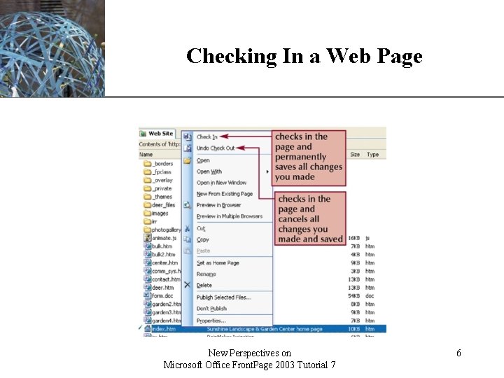 Checking In a Web Page New Perspectives on Microsoft Office Front. Page 2003 Tutorial