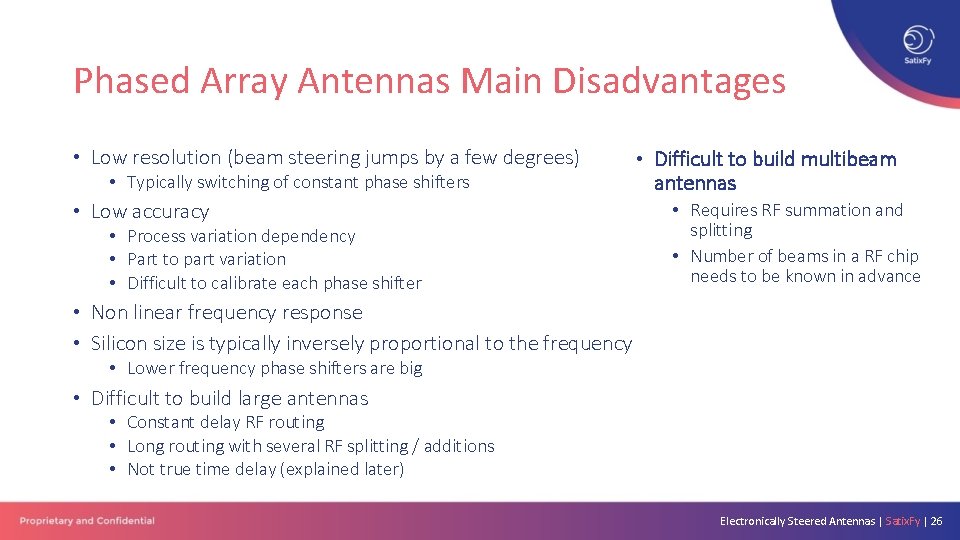 Phased Array Antennas Main Disadvantages • Low resolution (beam steering jumps by a few