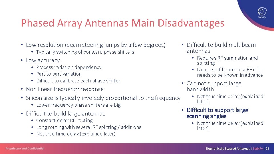 Phased Array Antennas Main Disadvantages • Low resolution (beam steering jumps by a few