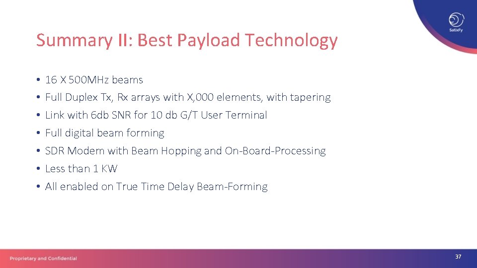 Summary II: Best Payload Technology • • 16 X 500 MHz beams Full Duplex