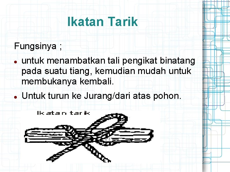 Ikatan Tarik Fungsinya ; untuk menambatkan tali pengikat binatang pada suatu tiang, kemudian mudah