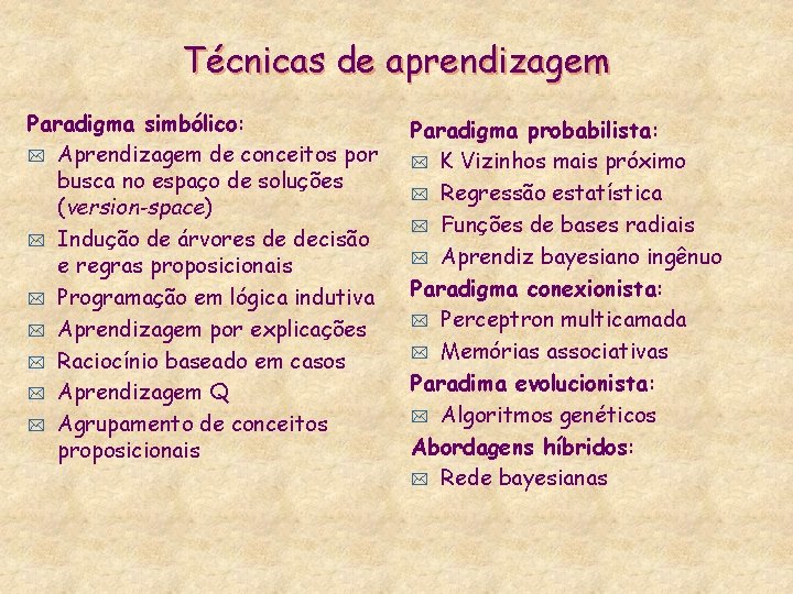 Técnicas de aprendizagem Paradigma simbólico: * Aprendizagem de conceitos por busca no espaço de