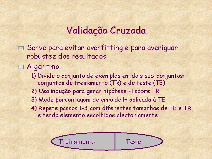 Validação Cruzada * * Serve para evitar overfitting e para averiguar robustez dos resultados