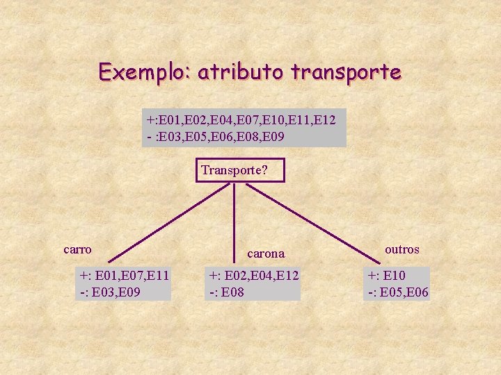 Exemplo: atributo transporte +: E 01, E 02, E 04, E 07, E 10,