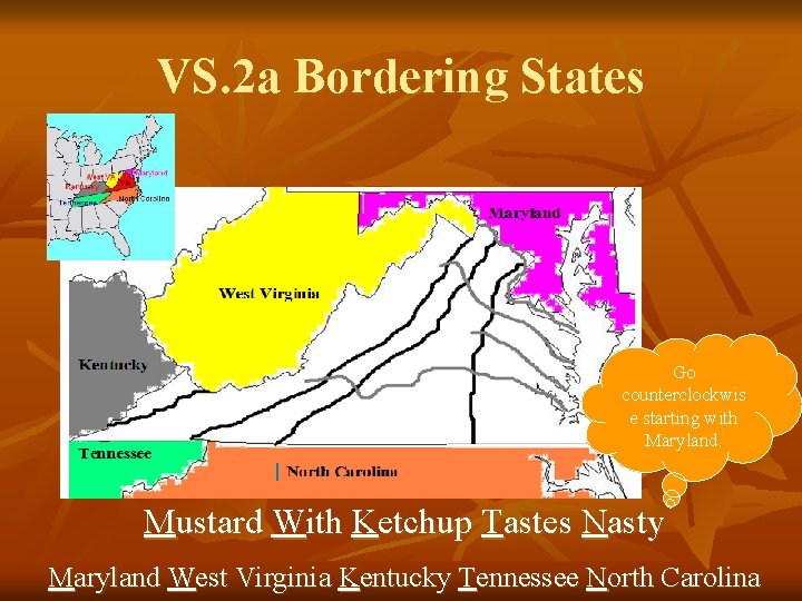 VS. 2 a Bordering States Go counterclockwis e starting with Maryland. Mustard With Ketchup