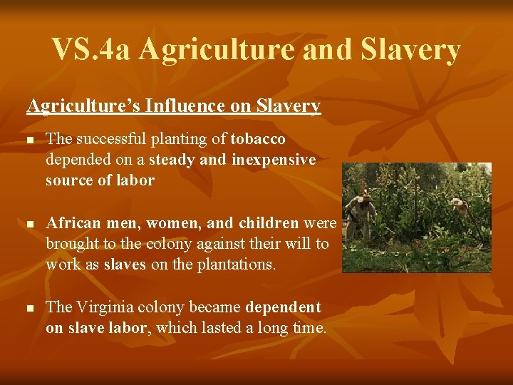 VS. 4 a Agriculture and Slavery Agriculture’s Influence on Slavery n n n The