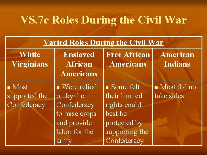 VS. 7 c Roles During the Civil War Varied Roles During the Civil War