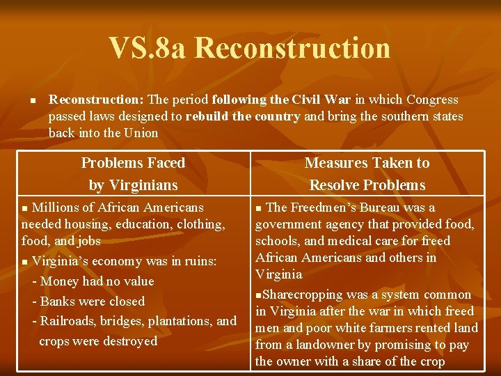 VS. 8 a Reconstruction n Reconstruction: The period following the Civil War in which